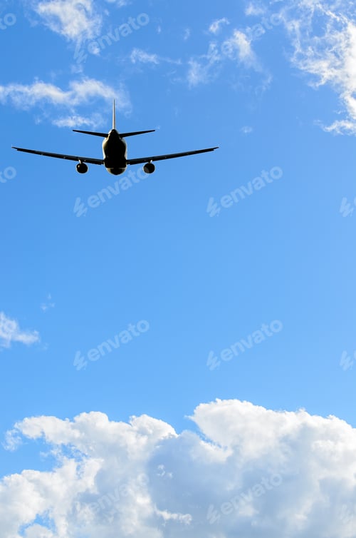 Preview: Flight Of The Airplane (Jet) Over Beautiful Blue Sky With White Clouds