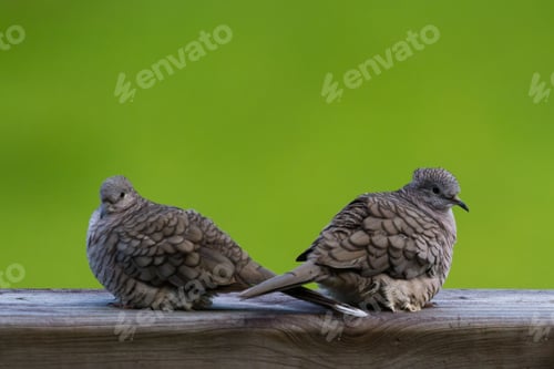 Preview: Close Up Of A Couple Of Love Doves Perched On A Wooden Railing With A Green Grass Background