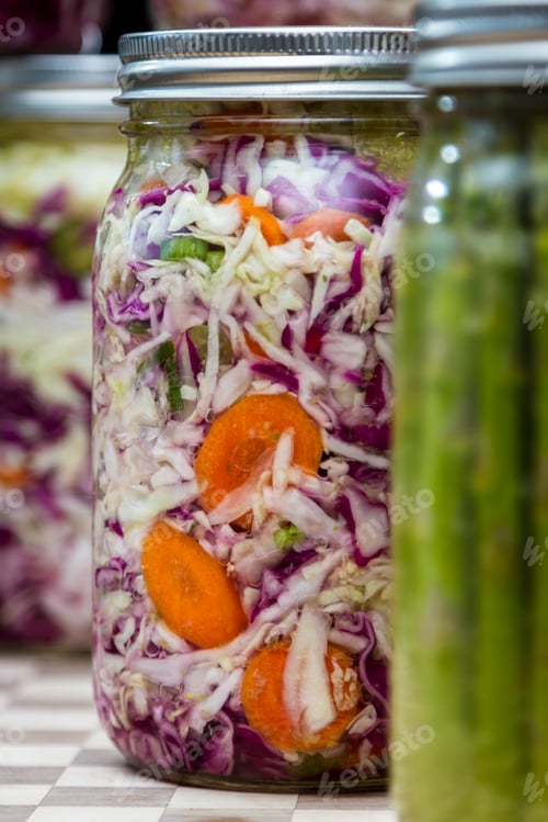 Preview: Home Made Cultured Vegetables In Jars Fermenting To Be Used As A Probiotic Food