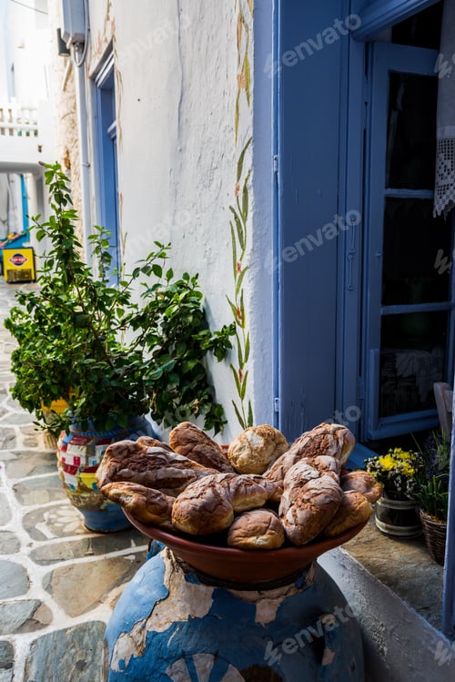 Preview: Dish Full Of Home Made Bread Outside The Cafe Window.