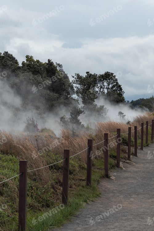 Preview: Steam Coming Out Of The Ground Near A Dirt Path In Volcano National Park, Hawaii Usa.