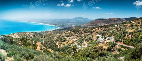 Preview: Aerial View Of Beautiful Sea With Olive Field And Mountain Landscape On Crete Island, Greece