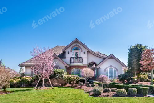 Preview: Beautiful Exterior Of Newly Built Luxury Home. Yard With Green Grass And Nice Landscape.