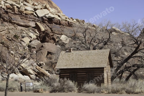 Preview: Stony Natural Landscape With Building And Trees, From Southern Utah, For Background Or Texture