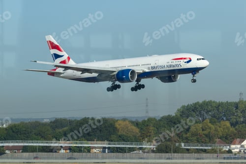 Preview: Heathrow, London Uk - September 19 2019: British Airways Plane Landing Viewed From The Lounge.