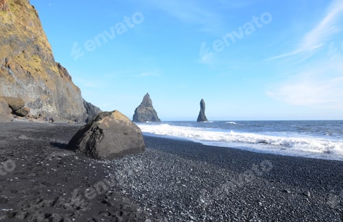 Preview: Beautiful Reynisfjara Black Sand Beach In Southern Vik Iceland.