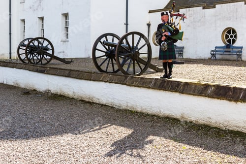 Preview: Pitlochry Scotland - September 12 2019: Stuart The Piper Performing Outside Of Blair Castle In The