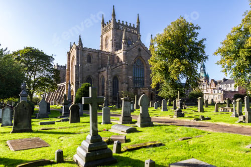 Preview: Dunfermline Scotland - September 15 2019: View Of The New Abbey Church From The Cemetery, Uk