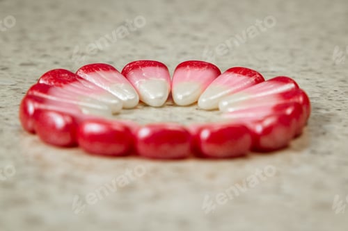 Preview: Pink Seasonal Candy Corns Arranged Into A Circle For Concept Or Background