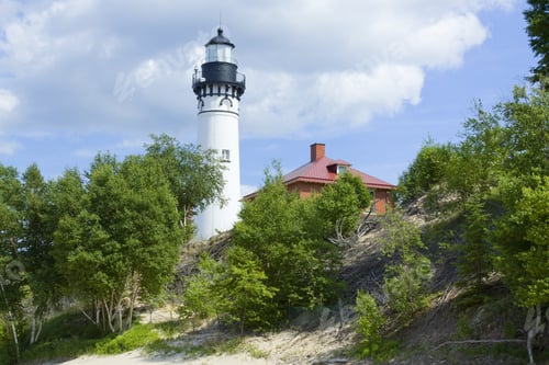 Preview: Old White Lighthouse On Hill In Hot Summer Day