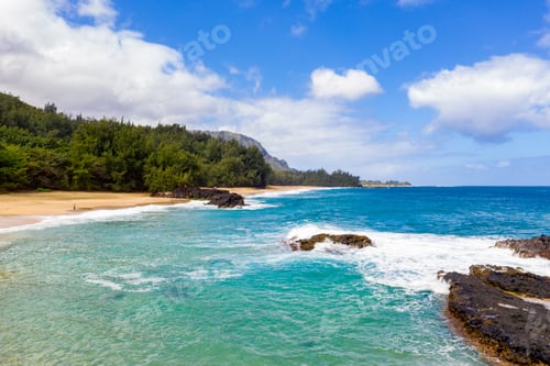 Preview: Aerial Panoramic Image Off The Coast Over Lumaha'I Beach On Hawaiian Island Of Kauai With Na Pali