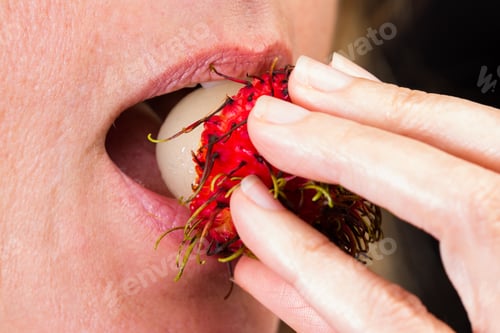 Preview: Close Up Of A Woman'S Hand And Mouth Eating A Rambutan