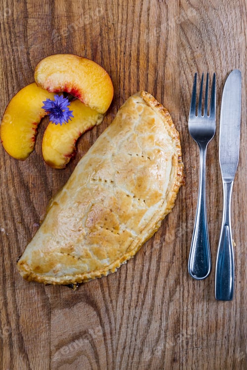 Preview: Home Made Peach Turnover Served On A Wooden Serving Tray With Fresh Peach Slices