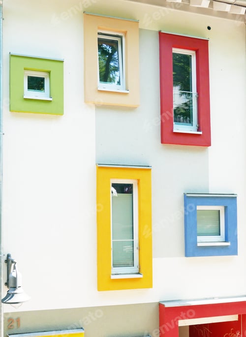 Preview: Detail Of A Facade Of A Modern Building With Colorful Framed Windows