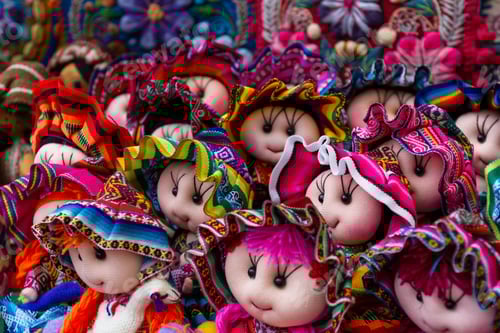 Preview: Close Up Of A Group Pf Dolls In A Variety Of Classic Peruvian Colors For Sale In The Market At Pisac