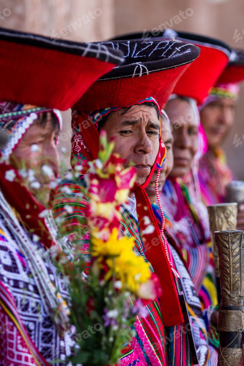 Preview: Pisac, Peru - May 15: Quechua Elders In Traditional Clothing In A Small Ceremony In The Pisac