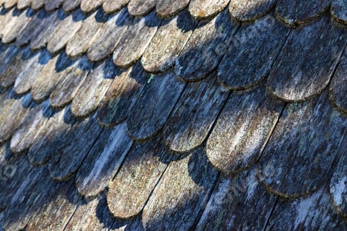 Preview: Closeup Of Traditional Rounded Wood Shingles On A Roof Selective Focus