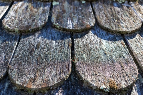 Preview: Closeup Of Traditional Rounded Wood Shingles On A Roof Selective Focus