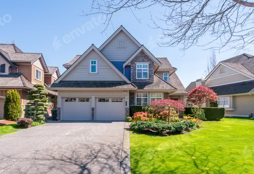 Preview: Beautiful Exterior Of Newly Built Luxury Home. Yard With Green Grass And Walkway Lead To Front
