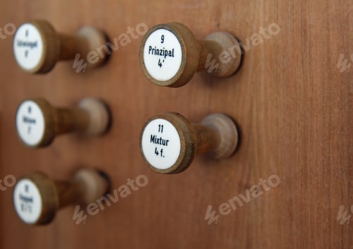 Preview: Five Wooden Stops With German Denominations On A Church Organ
