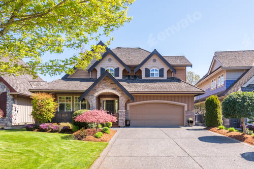 Preview: Beautiful Exterior Of Newly Built Luxury Home. Yard With Green Grass And Walkway Lead To Front