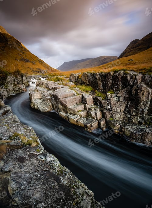 Preview: Long Exposure Shot Of The Waterfalls In Glen Etive Near Loch Etive And The Entrance To Glencoe And