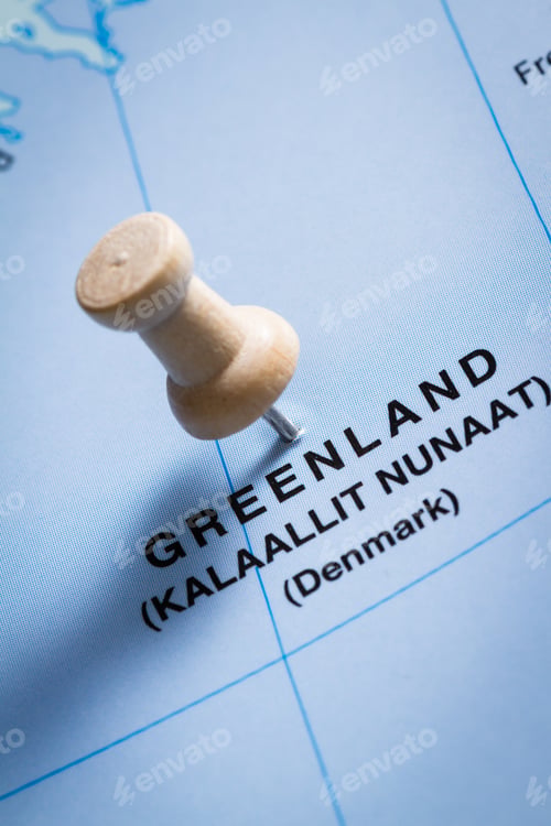 Preview: Close Up Of A Map Focused On Greenland With A Push Pin