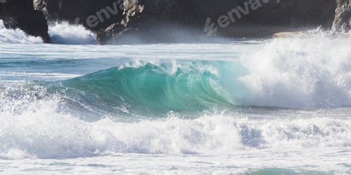 Preview: California Coast Landscape With Large Rocks And Waves Splashing With Drama