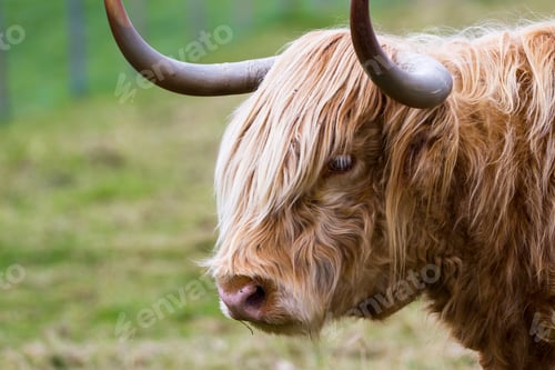 Preview: Close Up Of A Light Brown Highland Cow Feeding On Green Grass Near The Culloden Battlefield In The