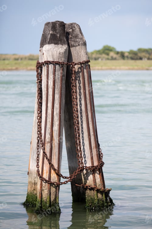 Preview: Venecian Hisotric Poles For Mooring Ships, Sailboats, Gondolas. Isolated Element. Wooden Poles With