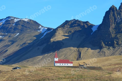 Preview: Red Roof On A Christian Chapel In The Hills Of Vik Iceland.