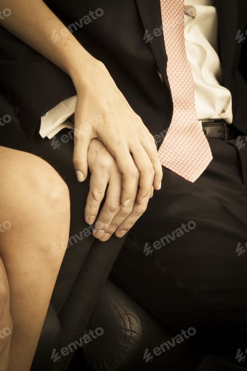Preview: Hand Of The Groom And The Bride Without Wedding Rings. Monochrome Image.