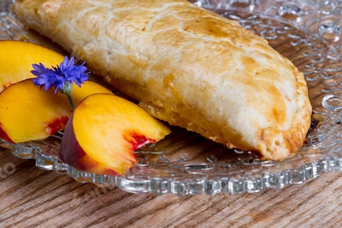 Preview: Home Made Peach Turnover Served With Slices Of A Fresh Peach
