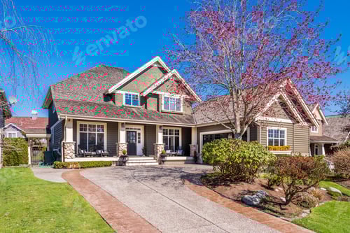 Preview: Houses In Suburb At Summer In The North America. Luxury Houses With Nice Landscape.