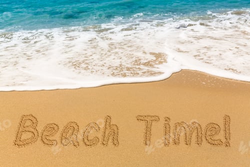 Preview: Beach Time Words Written Into Sand On Beach By Warm Blue Ocean In Caribbean Advertising Vacations