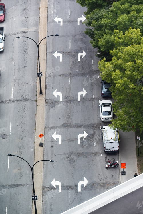 Preview: Aerial View Of Street Lanes With Arrows Pointing In Different Directions In A Big City. Shot In