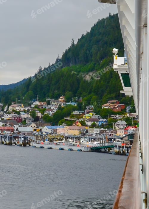 Preview: The Colorful Village Of Ketchikan, Alaska From The Veranda Of A Cruise Ship With Docks And