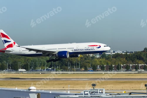 Preview: Heathrow, London Uk - September 19 2019: British Airways Plane Landing Viewed From The Lounge.