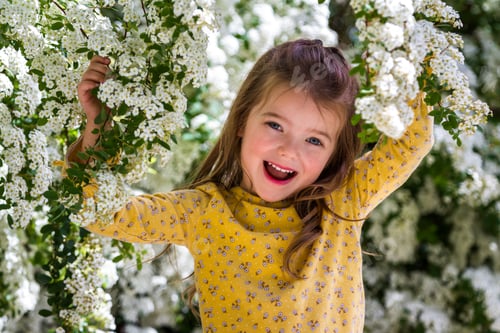 Preview: Portrait Of A Happy Four Year Old Little Girl With White Blooming Flowers