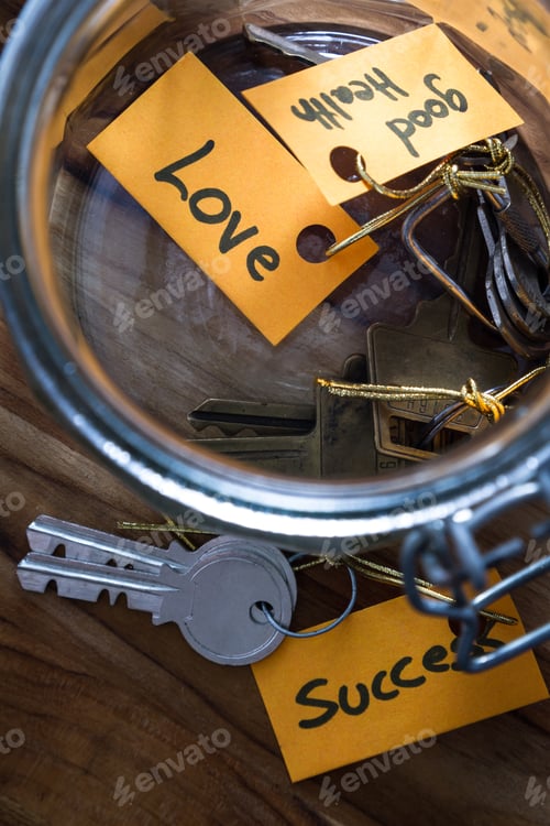 Preview: Concept Image Using Hand Written Tags And And Old Jar With The Keys To Life In It