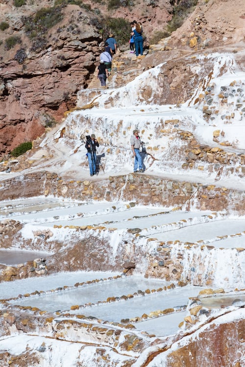 Preview: Maras Peru -May 18 : Tourists And Photographers Walking Exploring The Salt Ponds In Maras Peru. May