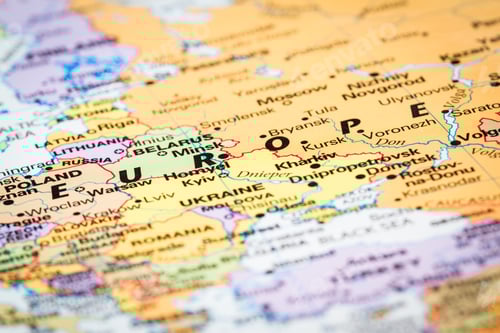 Preview: Close Up Of A World Map With The Word Europe In Focus