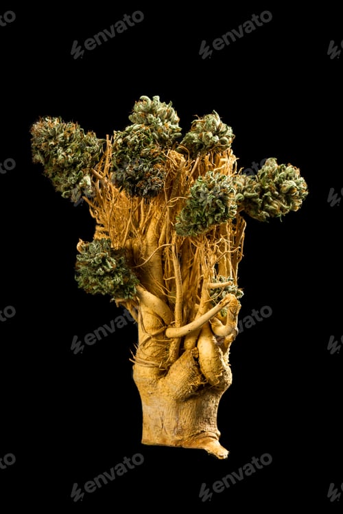 Preview: Section Of Cannabis Root With Buds Coming Out Of It As A Full Circle Concept For Growing Marijuana