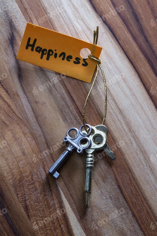 Preview: Concept For A Happy Life Using An Old Decorative Key And A Hand Written Tag Attached By A Golden