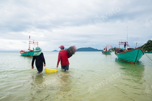 Preview: Image Of Traditional Fishermen And Boats In Cambodia.