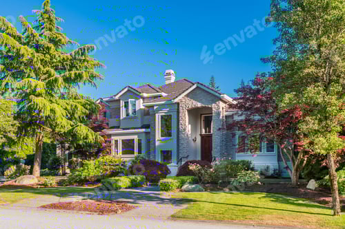 Preview: Beautiful Exterior Of Newly Built Luxury Home. Yard With Green Grass And Walkway Lead To Front