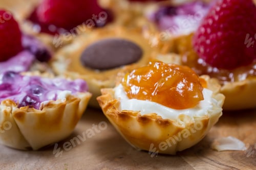 Preview: Baked Phyllo Dough Filled With A Variety Of Fruit Jams And Yogurts Topped With Berries And Chocolate
