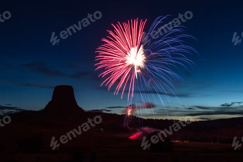 Preview: Beautiful Display Of Fireworks With Devils Tower National Monument Silhouetted In The Background