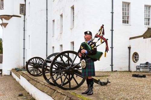 Preview: Pitlochry Scotland - September 12 2019: Stuart The Piper Performing Outside Of Blair Castle In The