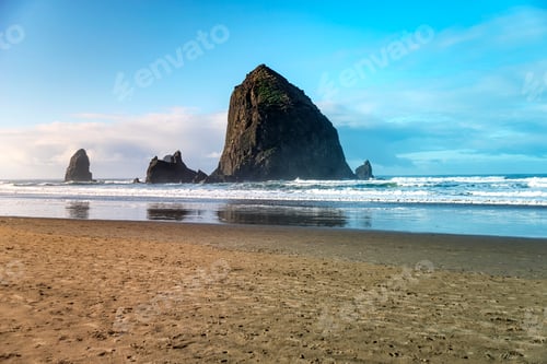 Preview: Oregon Coast Beach - Winter Landscape Of Famous Cannon Beach Haystack With Reflection, Oregon Usa.